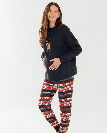 Maternity Navy Embroidered Reindeer Organic Cotton Sweatshirt